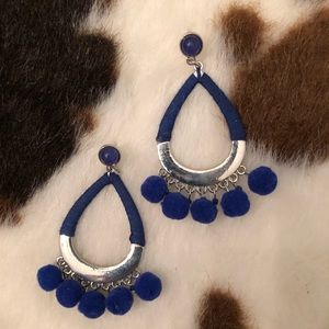 NAVY POM POMS & BIG SILVER LONG EARRINGS